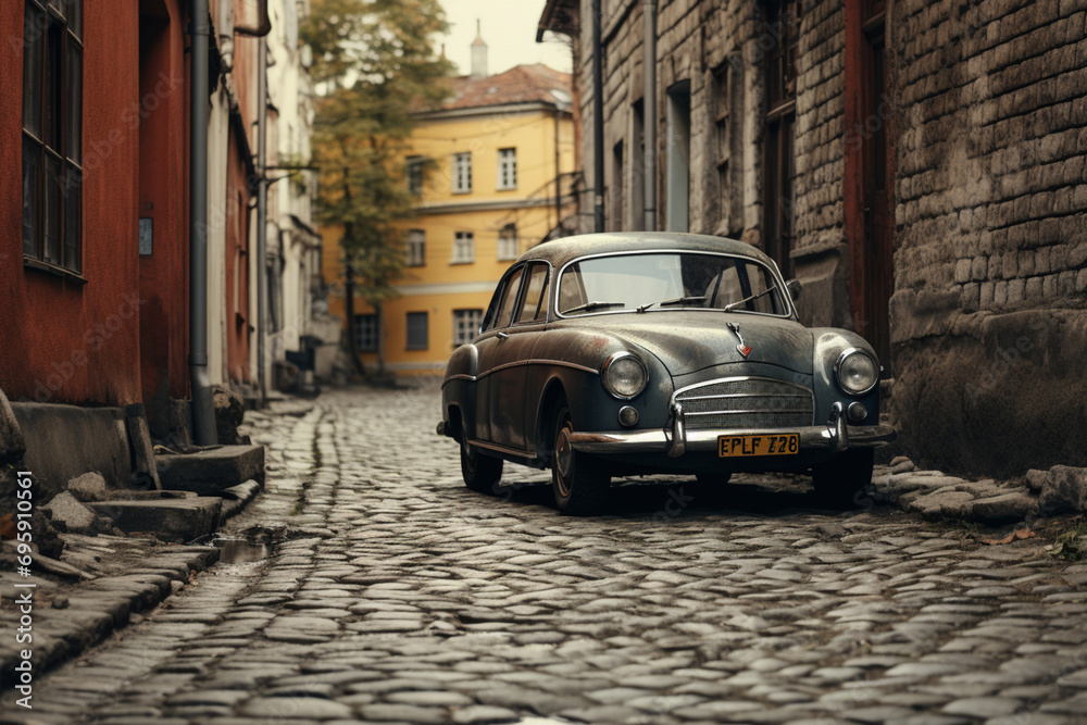 An old car is parked on a cobblestone street