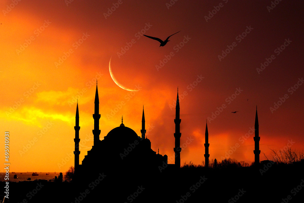 Mosque sunset sky, moon, holy night, islamic night and silhouette mosque, islamic wallpaper