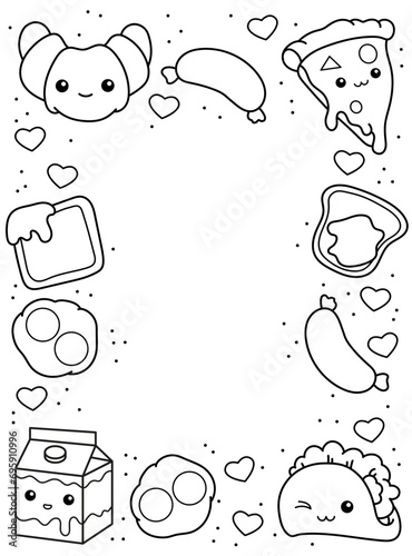 Food. Croissant, toast with jam, scrambled eggs, taco, sandwich, pizza, sausage. Breakfast. Background, coloring page, black and white vector illustration.