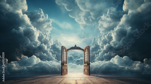 A majestic double door beckons to a heavenly realm beyond the vibrant cumulus clouds and expansive outdoor landscape