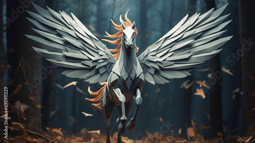 a mythical Pegasus created with paper folds. 3D wallpaper background