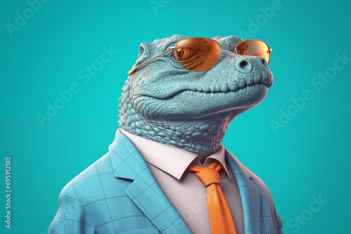 Un crocodile en costume avec des lunettes