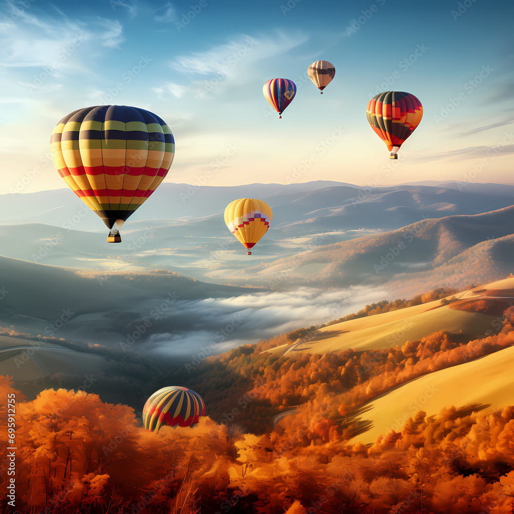 Hot air balloons drifting over rolling hills blanketed in autumn hues