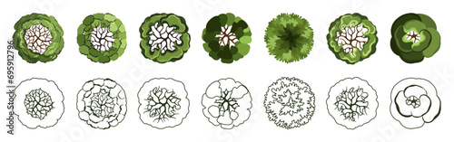 Tree for architectural floor plans. Entourage design. Various trees, bushes, and shrubs, top view for the landscape design plan. Vector illustration.