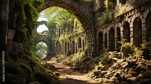 A lush landscape surrounds the ancient stone archway, leading to a hidden cave amidst the ruins of a once grand building, adorned with vibrant trees and sprawling plants photo