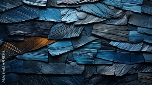 An abstract view of the intricate patterns and textures of a building s roof  captured in a close up shot against the backdrop of the outdoors