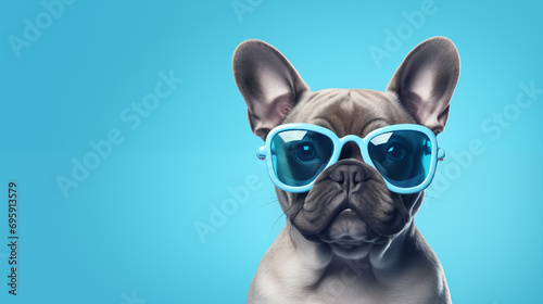 carlin dog with blue sunglasses, fun portrait, blue background © pier