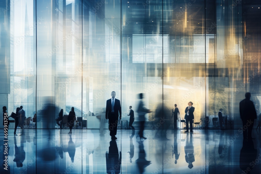 Contemporary office scene with blurred silhouettes of people, long exposure effect