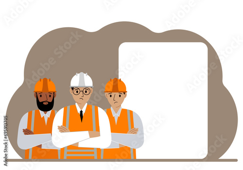 A male team of construction workers in hard hats and orange vests stand near a large white sheet. photo