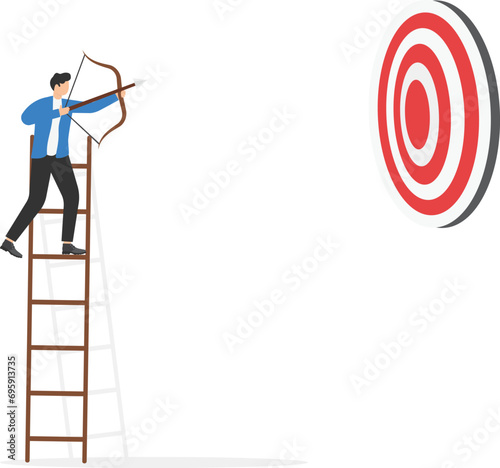 Success Goal, attitude to achieve goal or target, challenge to succeed in work, growth mindset or thought leader and determination concept, courage businessman archery aiming bot to hit target.

