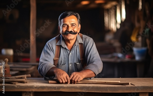 Indian senior male carpenter sitting at shop photo