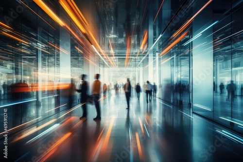Blurred motion of business people walking in a luminous office hallway, long exposure