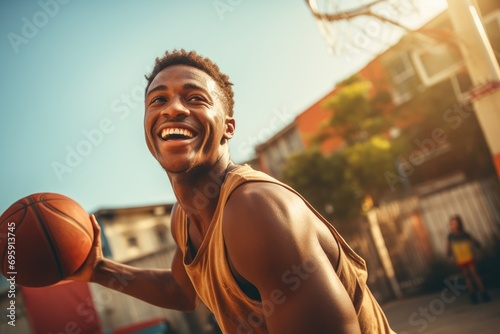 Cheerful African American man playing basketball outdoors