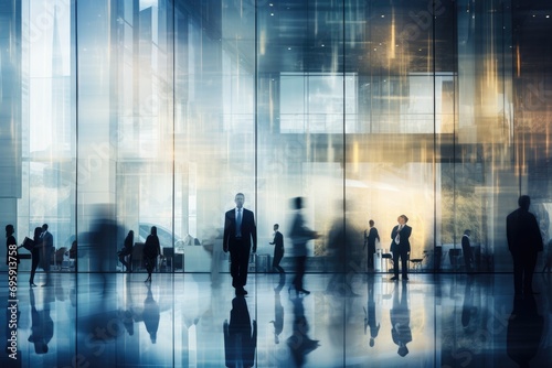 Contemporary office scene with blurred silhouettes of people  long exposure effect
