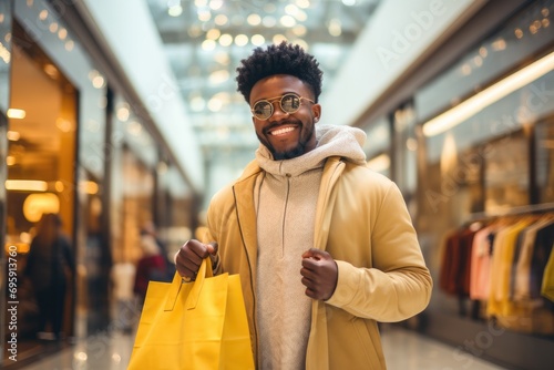 Cheerful young African American man shopping in a mall photo