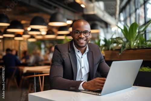 Happy African American male entrepreneur with laptop in modern workspace