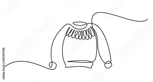 Sweater in continuous line art drawing style. Lopapeysa or Icelandic style sweater black linear design isolated on white background. Vector illustration