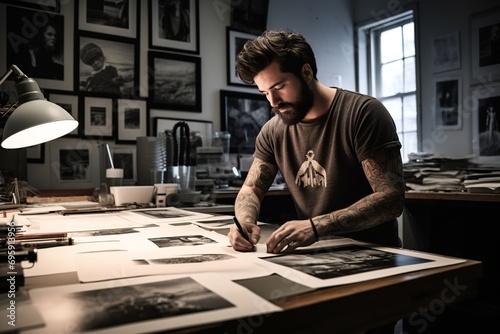 This captivating photo showcases the professional collaboration between an illustrator and clients. It captures the artist engaged in discussions, presenting sketches