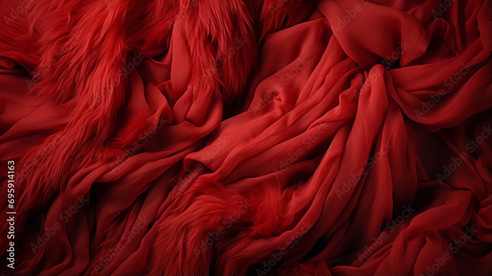 A vibrant maroon fabric adorned with soft, fluffy fur evokes a sense of luxurious warmth and coziness