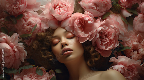 the girl with a bouquet of peonies, flower hairstyle