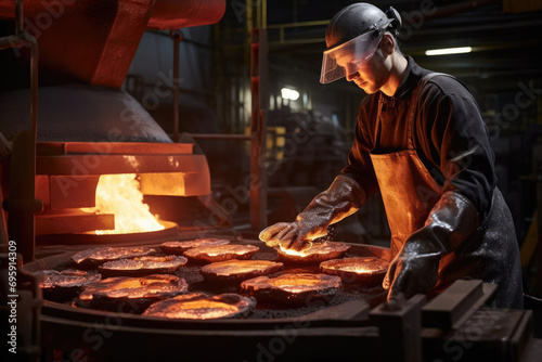 metallurgist pours hot metal into molds near a blast furnace. Metallurgical production