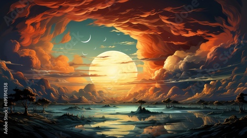 Dramadic Sunset Sky Blue Orange Light, Background Banner HD, Illustrations , Cartoon style photo