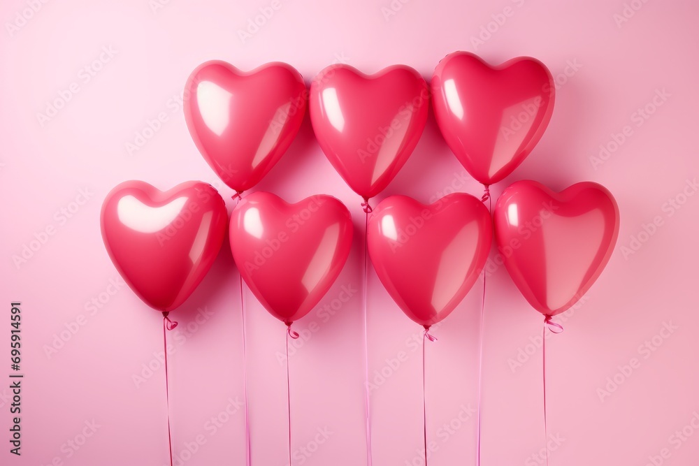 Red heart shaped helium balloons on a pink background. AI generative