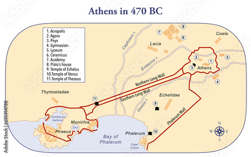 Map of ancient Athens with the major sites and the long Walls