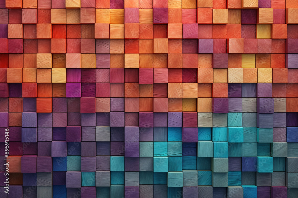 Fototapeta premium Colourful wooden blocks aligned. Wide format. Hand edited