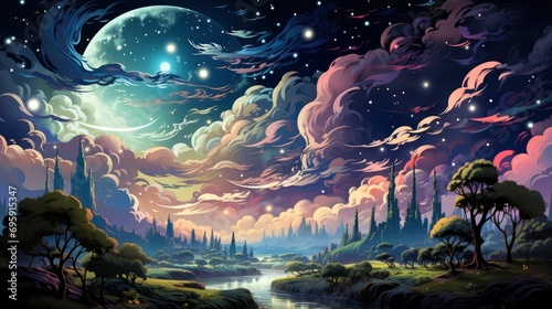 Fantasy Cloudscape Stars Crescent Moon, Background Banner HD, Illustrations , Cartoon style