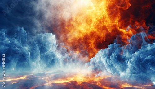 fire and ice background with fog and godray 3d illustration