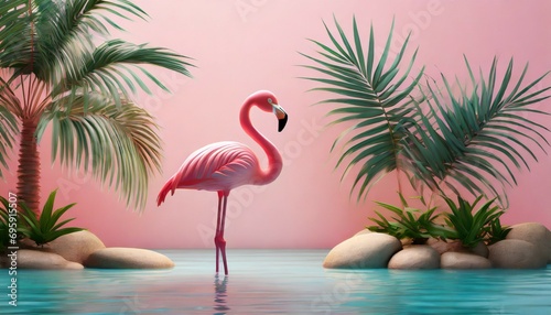 pink flamingo and palm tree on pink summer background 3d rendering 3d illustration photo