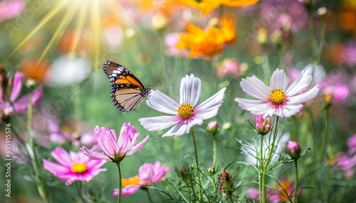 field of colorful cosmos flower and butterfly in a meadow in nature in the rays of sunlight in summer in the spring close up of a macro a colorful artistic image with a soft focus beautiful bokeh © Tomas