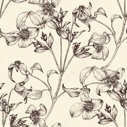 Toile art Vector vintage seamless pattern flowers of Clematis brown on beige. Hand drawn. Floral background. Monochrome. Textiles, paper, wallpaper decoration