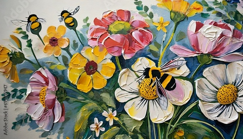 a painting of a bunch of flowers painted on a canvas with acrylic paint on the canvas and a bee on the flower stem generative ai