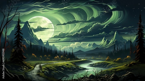 Glowing Green Northern Lights Aurora Borealis, Background Banner HD, Illustrations , Cartoon style