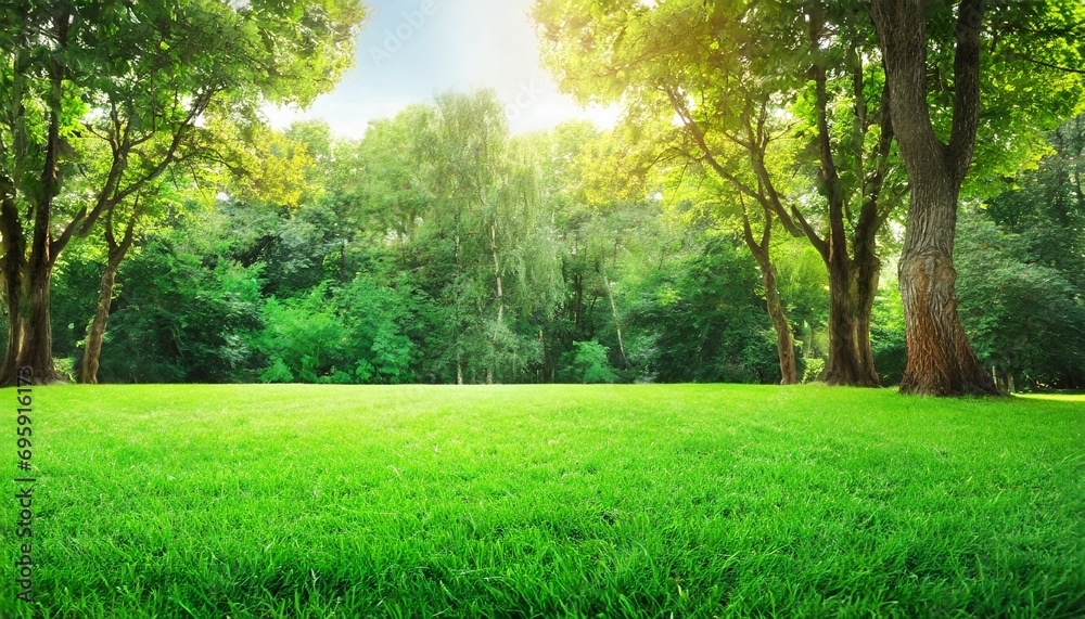 green lawn and trees background with copyspace nature background concept generative ai