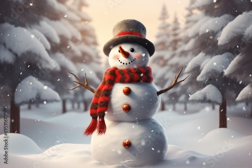 Realistic snowman smiling standing in snow near spruce trees. Generative AI