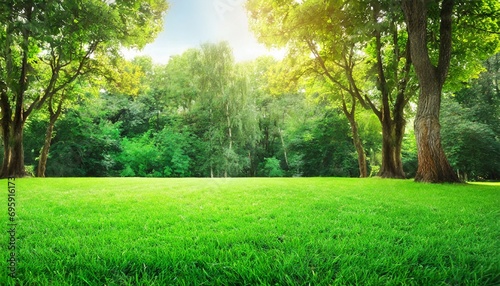 green lawn and trees background with copyspace nature background concept generative ai