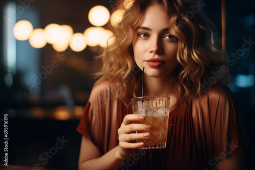 Delighted woman enjoying glass of ice coffee