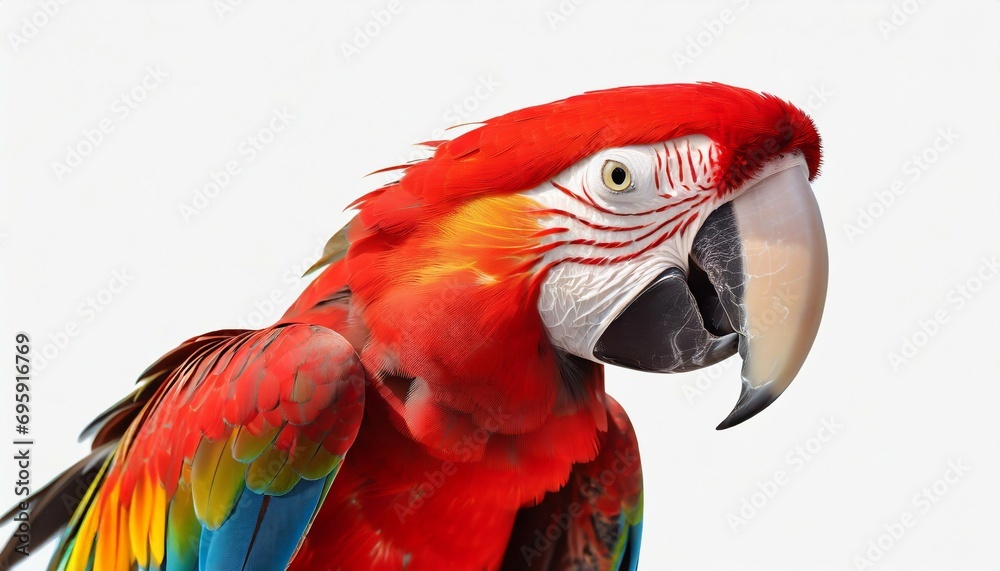 beautifully red parrot macaw bird in color transparency on white background