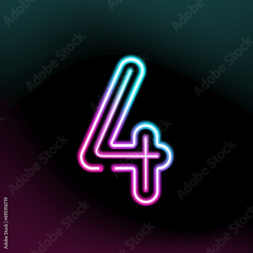 Glowing neon number 4 design,isolated on black background 