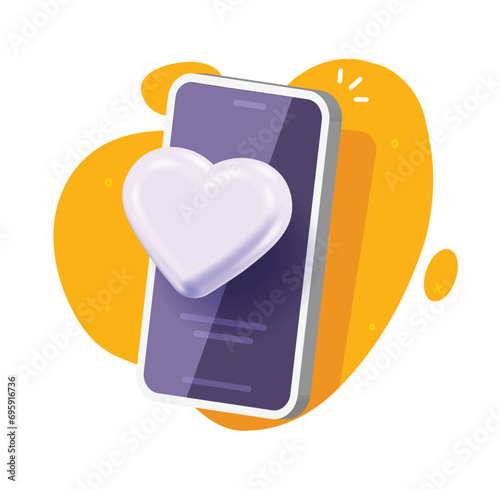 Heart love on mobile cell phone icon 3d render vector illustration graphic, cellphone smartphone digital online virtual healthcare technology, social media like message idea image clipart