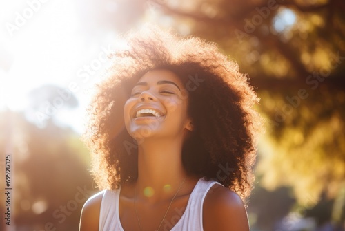 Joyful young African American woman laughing in a sunlit park