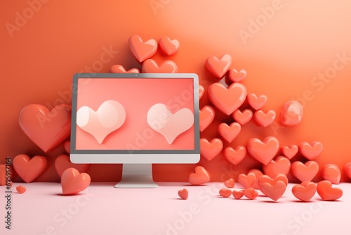 Computer with hearts, online dating concept, valentines day. Generative AI photo