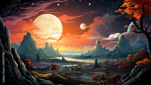 Fototapeta Naklejka Na Ścianę i Meble -  Landscape Saturn Planet Sky Stars Fantasy, Background Banner HD, Illustrations , Cartoon style