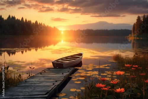 Sunrise over a peaceful lake, with a small wooden dock and a lone canoe