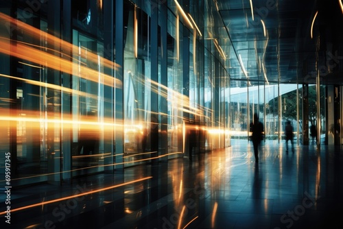 Streaks of light from fast-moving executives in a corporate building, long exposure