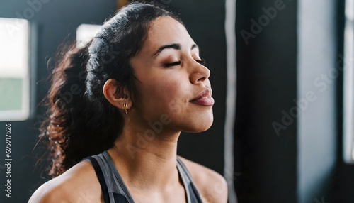 brunette girl with closed eyes meditating in a yoga training photo