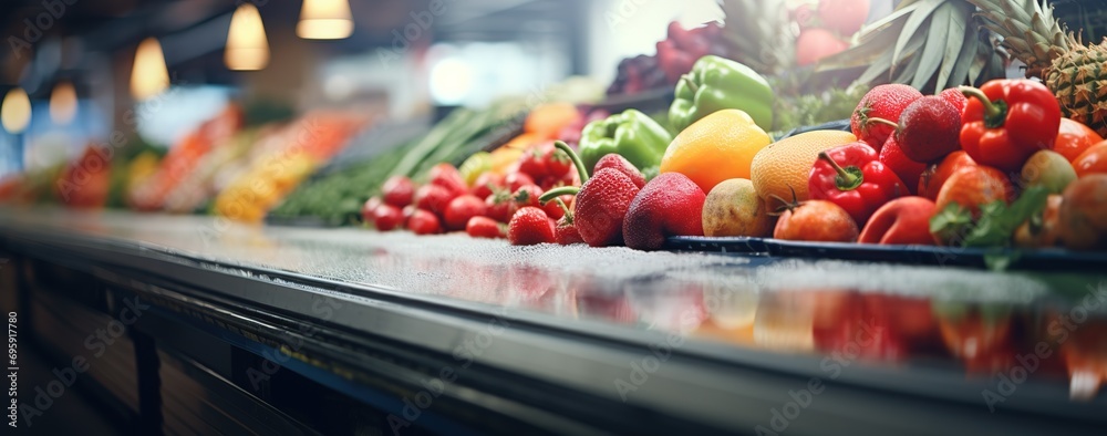 A vibrant display of fresh fruits and vegetables in a modern grocery store, highlighting the variety and freshness available to customers.